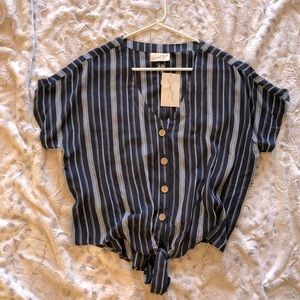 Striped navy button down blouse
